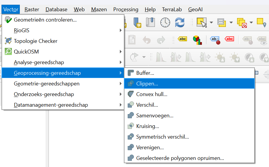 Het menu Vector in QGIS met Geoprocessing-gereedschap en de optie Clippen geselecteerd.