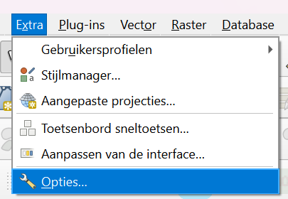 Het menu Extra in QGIS met de optie Opties geselecteerd.