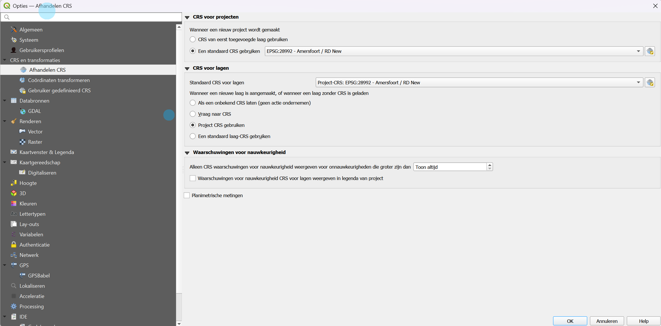 Het venster Opties in QGIS bij Afhandelen CRS, met EPSG:28992 Amersfoort RD New als standaard CRS voor projecten.