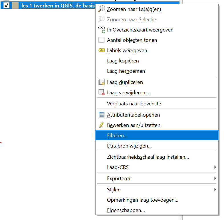 Het contextmenu van een QGIS-laag met de optie Filteren geselecteerd.