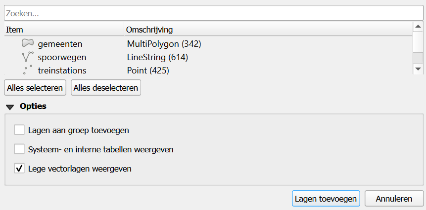 Het venster Toe te voegen items selecteren in QGIS met de knop Alles selecteren.