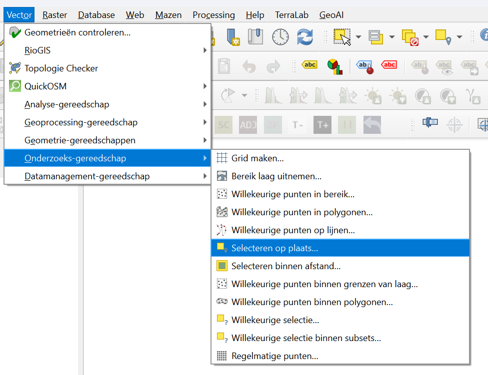 Het menu Vector in QGIS met de optie Selecteren op plaats geselecteerd.