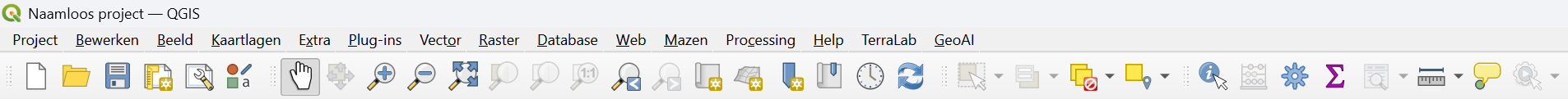 De werkbalken bovenin QGIS met menu's en knoppen voor veelgebruikte functies.